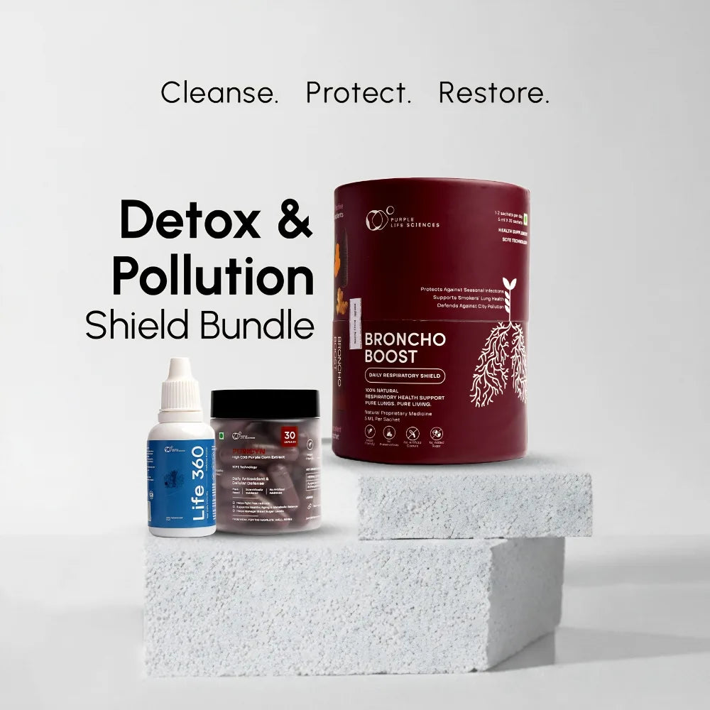Detox and pollution shield bundle with broncho boost and other products on a light gray background.
