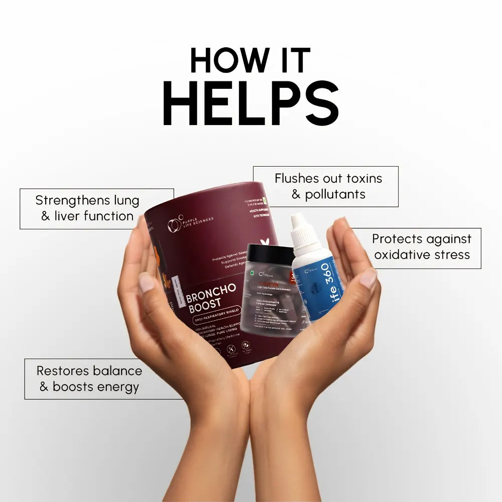 Hands holding health products with text on benefits against a white background