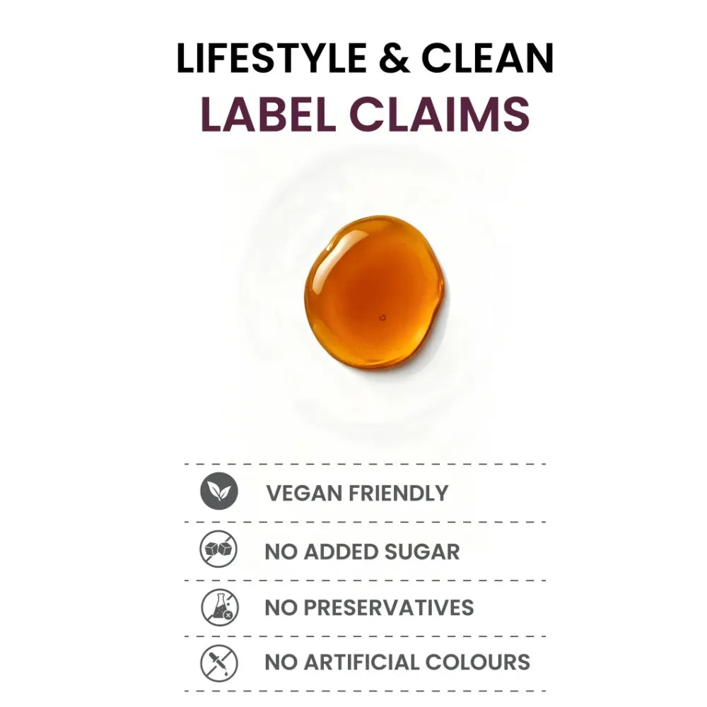 Amber-colored droplet with lifestyle and clean label claims on a white background