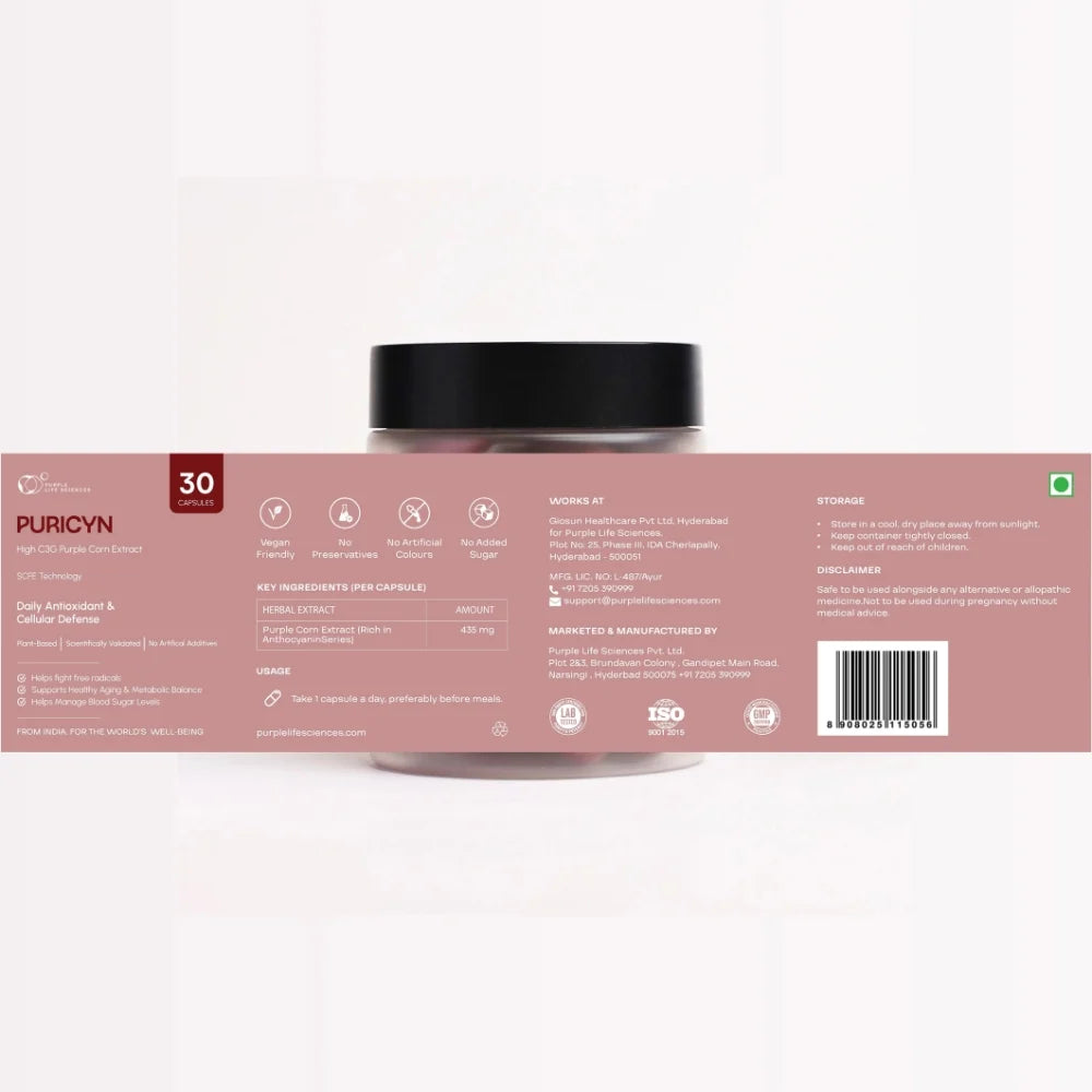 Jar with a pink label containing Puricyn product details on a white background