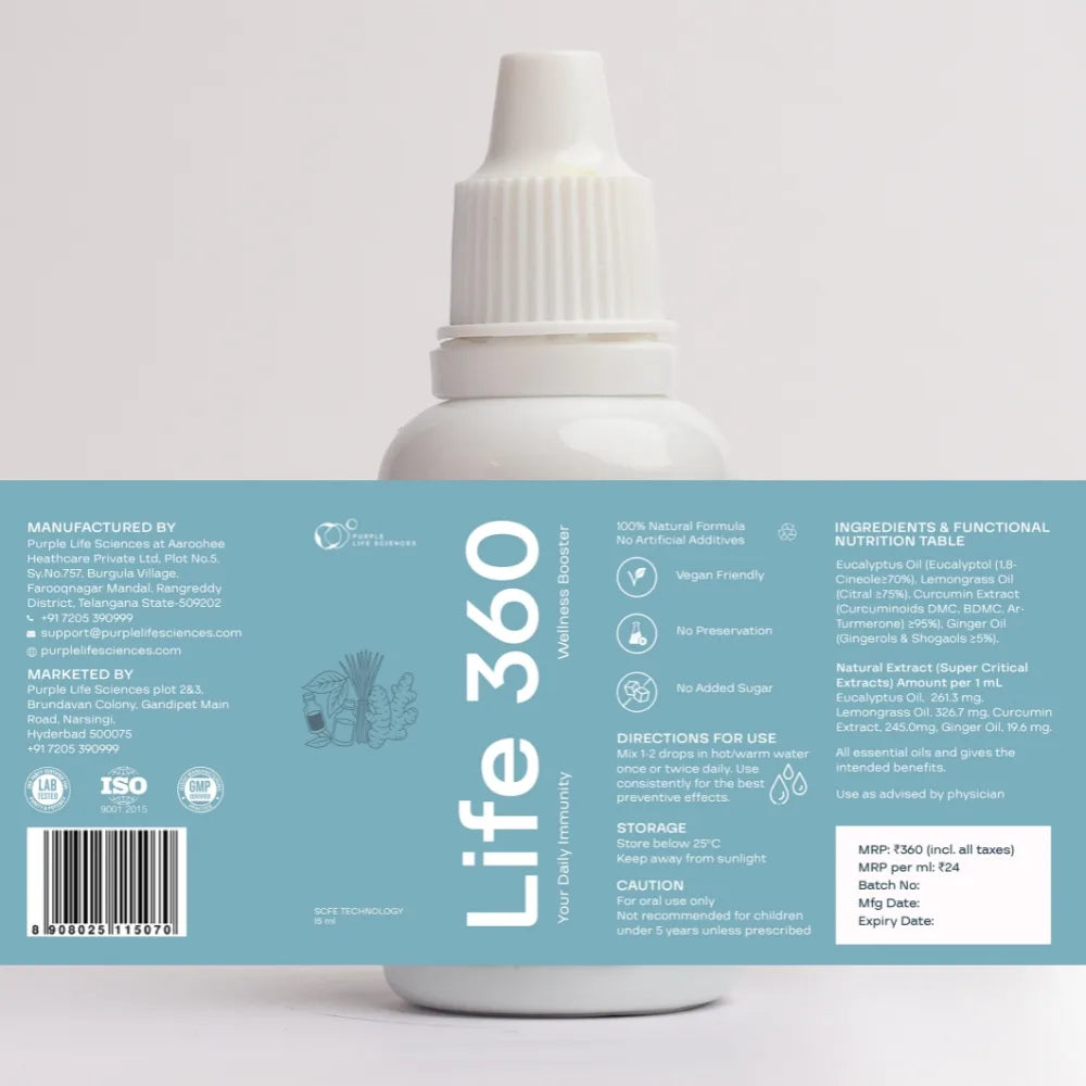 Life 360 supplement bottle with label on a light gray background