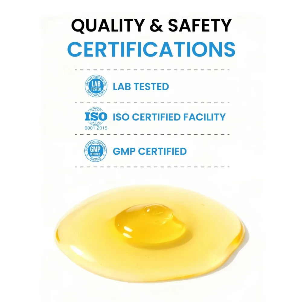 Quality and safety certifications with a drop of yellow liquid on a white background