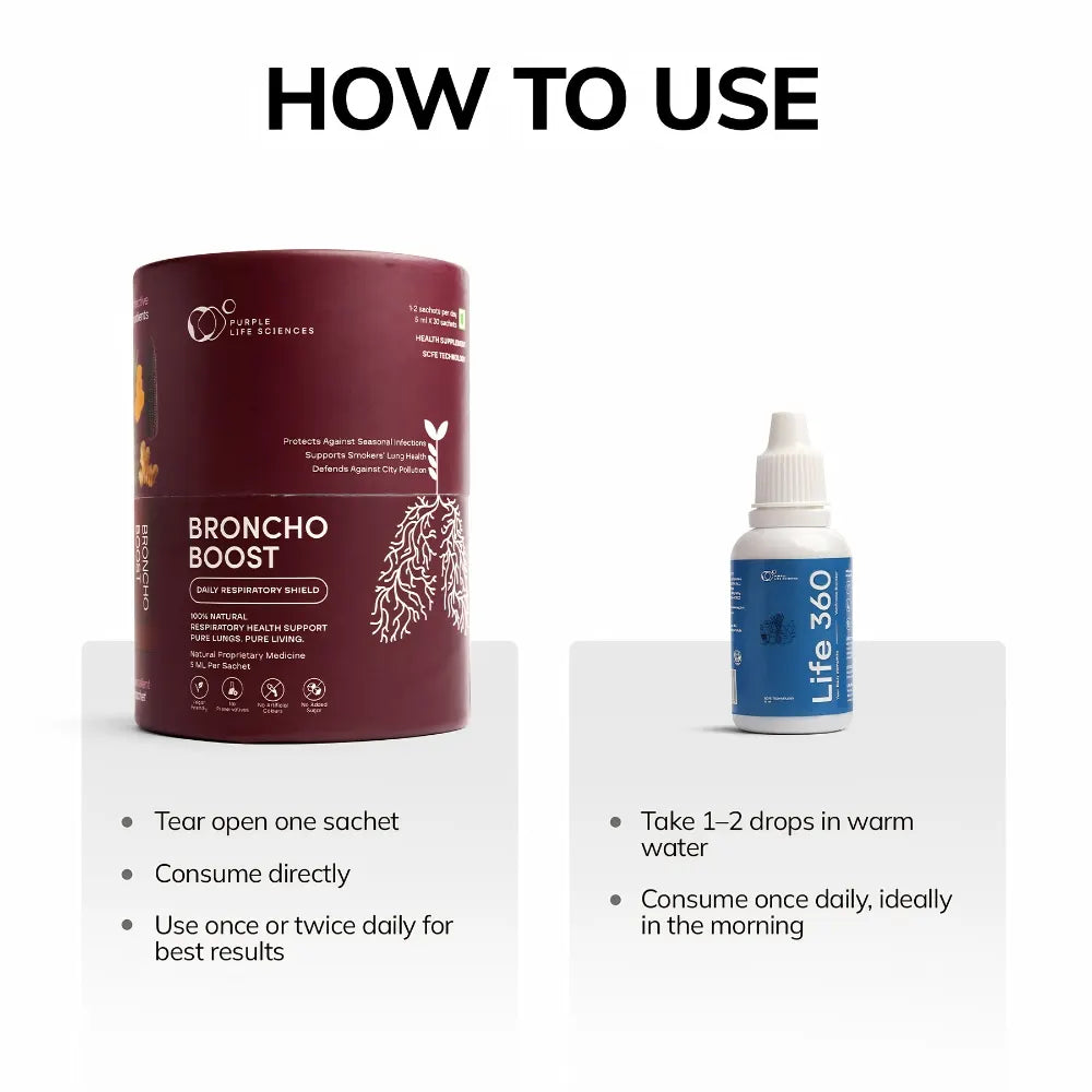 Broncho Boost supplement container and Life 360 dropper bottle with usage instructions on a white background.