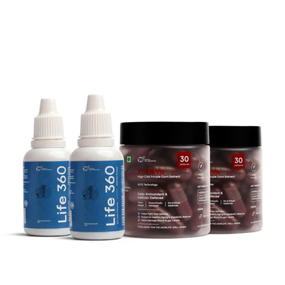 Two bottles of 'Life 360' and two containers of a supplement on a white background