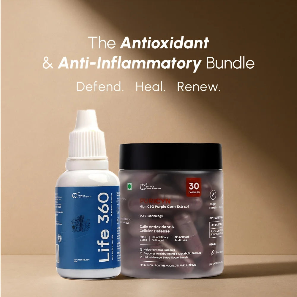 Two health products, a bottle and a container, on a beige background with text about antioxidants and inflammation.