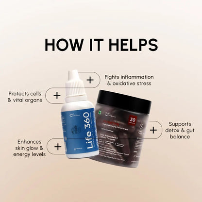 Two supplement products with text highlighting their benefits on a beige background