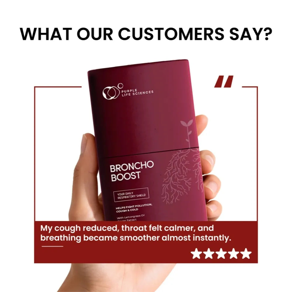 Purple bottle labeled 'Broncho Boost' held by a hand with customer testimonial text.