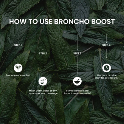 Instructions on how to use Broncho Boost against a leafy green background