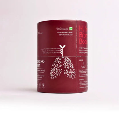 Red cylindrical container with white text and graphics on a light pink background