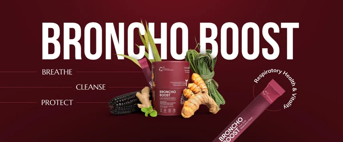 Broncho Boost product packaging with vegetables on a dark red background