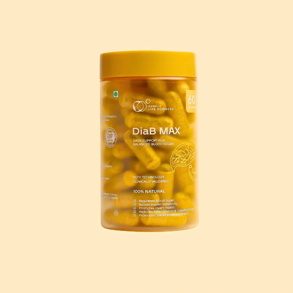 Yellow supplement bottle labeled 'DiaB MAX' on a beige background
