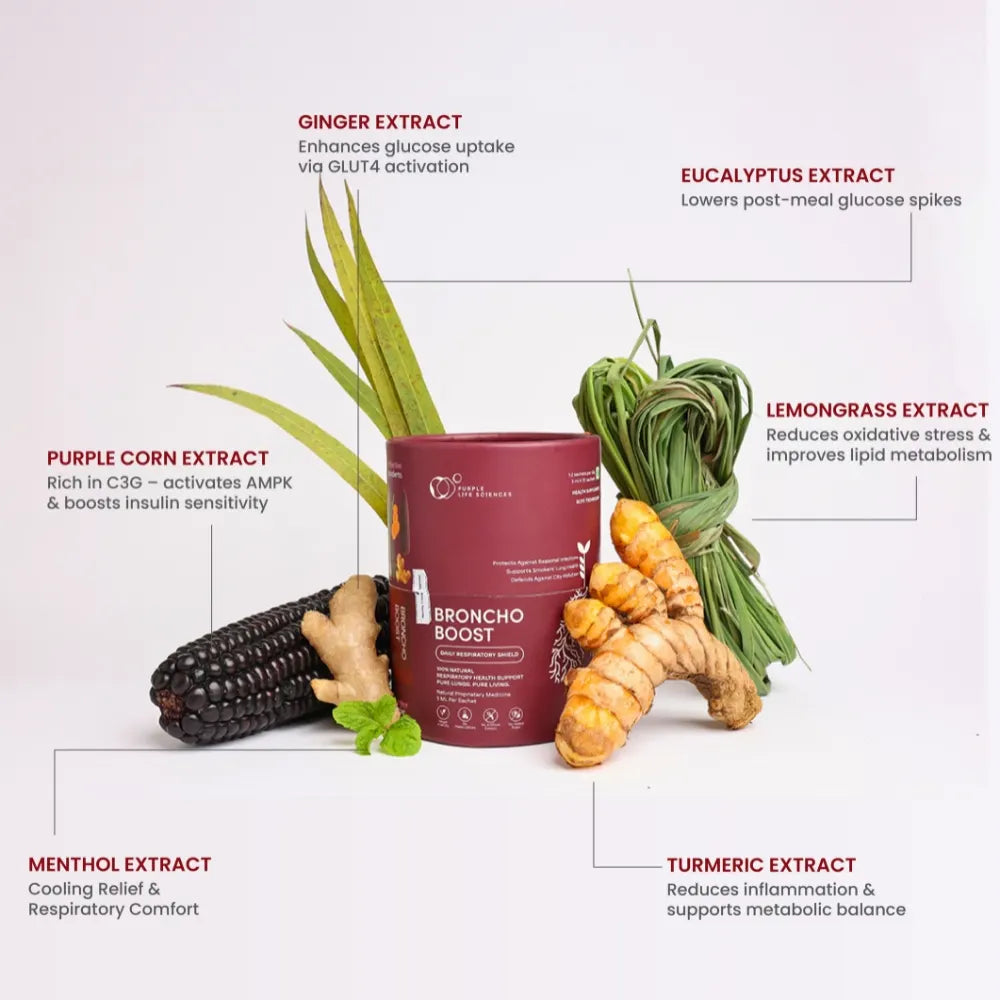 Broncho Boost supplement container with ginger, eucalyptus, purple corn, lemongrass, and turmeric on a white background.
