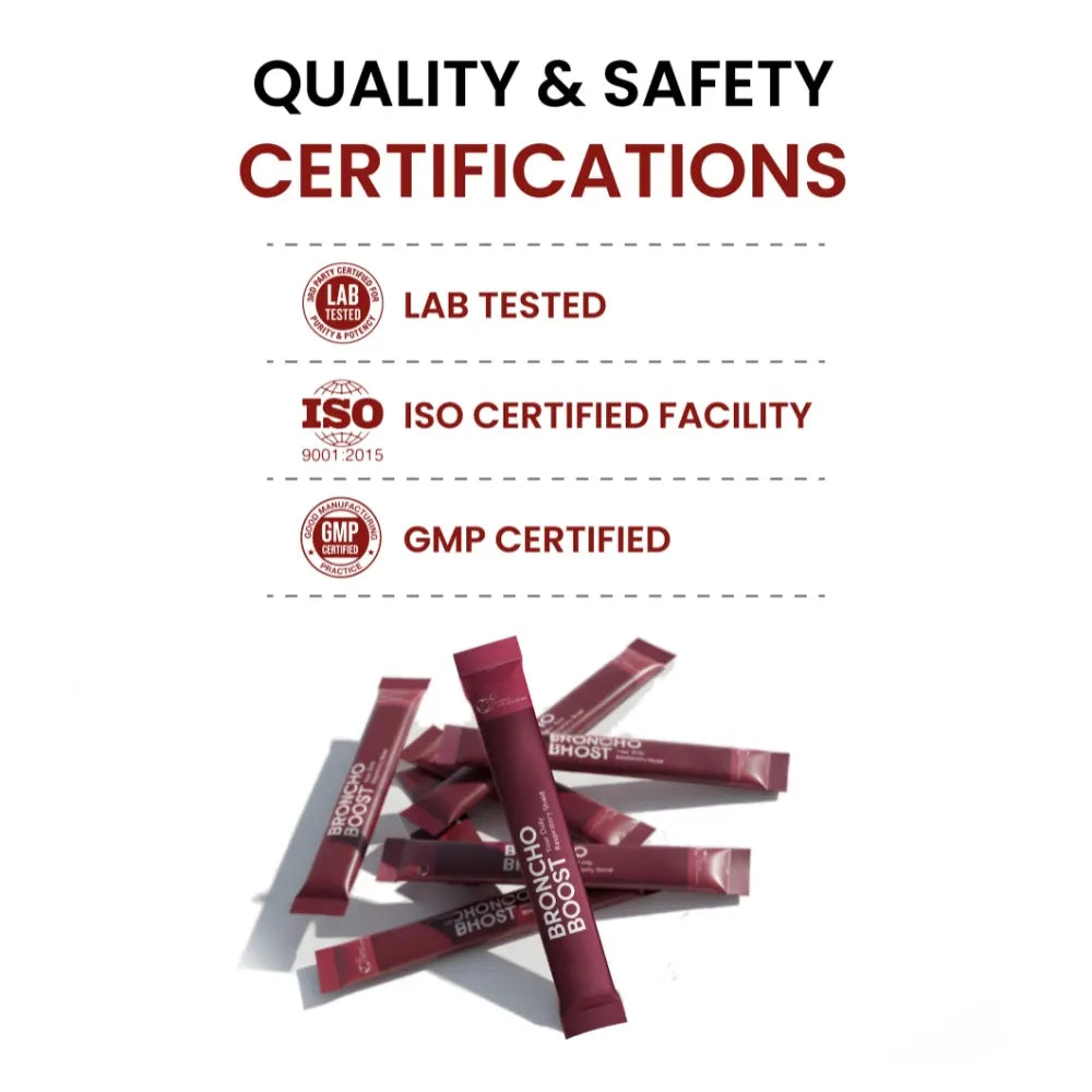 Broncho Boost packets with quality and safety certifications on a white background