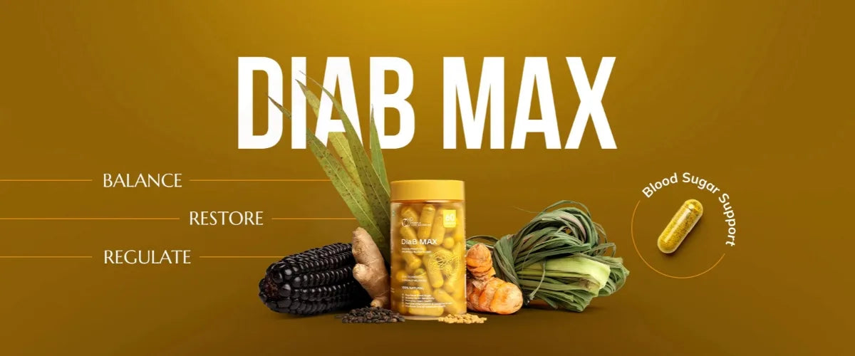 Diab Max supplement bottle with vegetables on a brown background