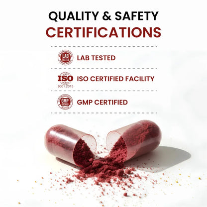 Red capsule with powder spilling out, quality and safety certifications displayed above on a white background.