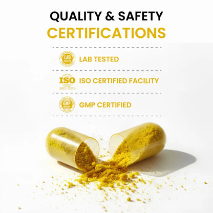 Yellow powder spilling out of a split capsule with quality and safety certifications on a white background.