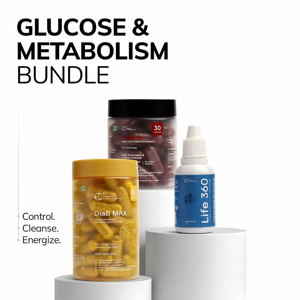 Three health products labeled 'Diab MAX', 'Life 360', and a container with text on a white background.