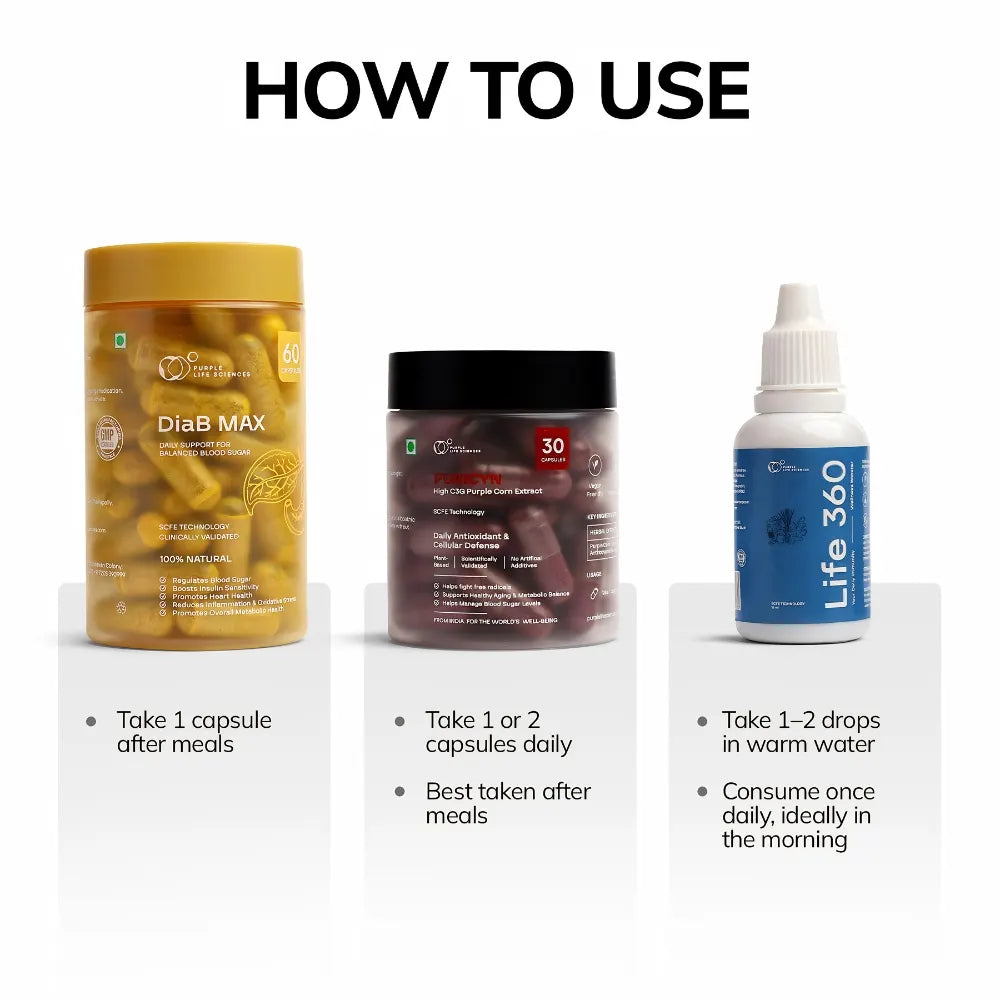 Three health supplement products with usage instructions on a white background