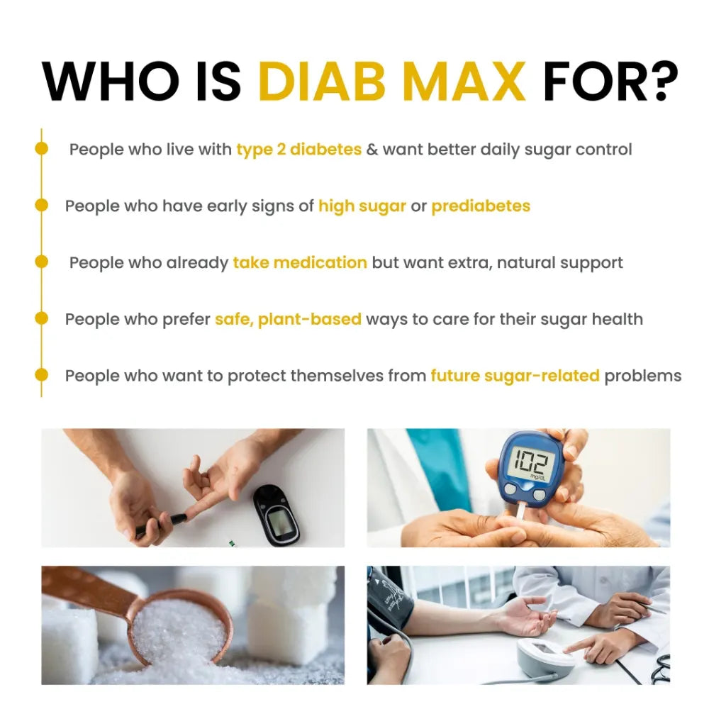 Promotional graphic for Diab Max targeting people with diabetes or prediabetes, showing a glucometer and a person measuring blood sugar.