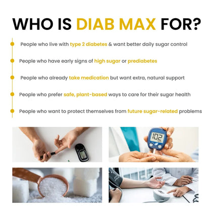 Promotional graphic for Diab Max targeting people with diabetes or prediabetes, showing a glucometer and a person measuring blood sugar.