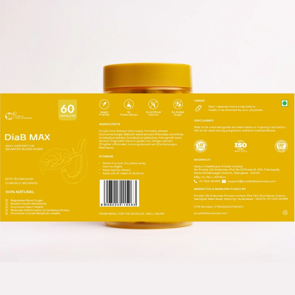 Yellow packaging of DiaB MAX with text and a barcode on a white background