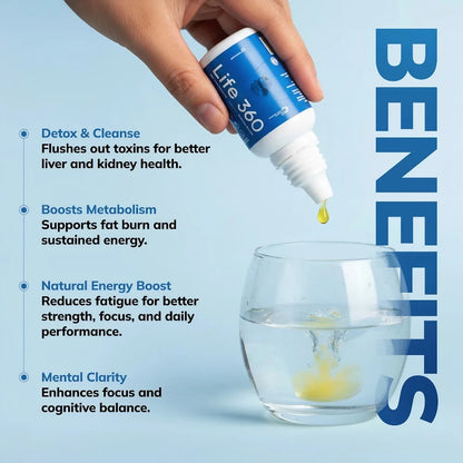 Life 360 supplement bottle being poured into a glass of water with benefits listed on a blue background