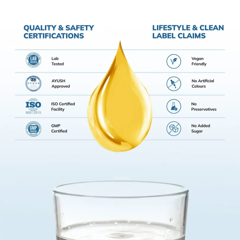 Oil droplet with quality and safety certifications and lifestyle claims on a light blue background