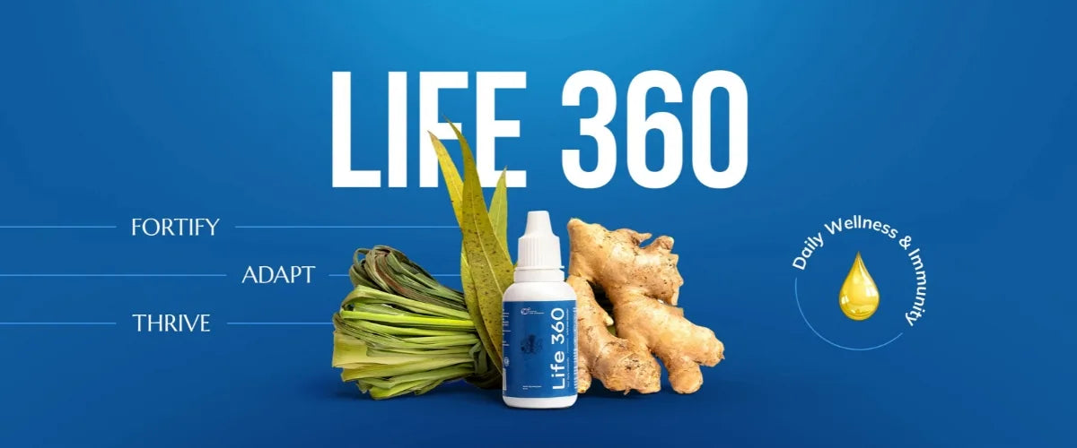 Life 360 supplement bottle with ginger and lemongrass on a blue background