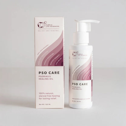 PSO Care Psoriasis Healing Oil with packaging on a light gray background