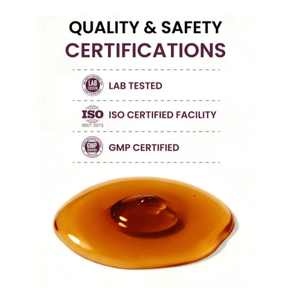 Certifications for quality and safety with a droplet of amber liquid on a white background