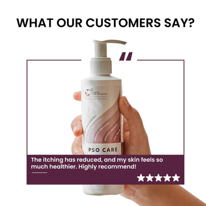 Hand holding a bottle of 'Pso Care' product with customer testimonial text.