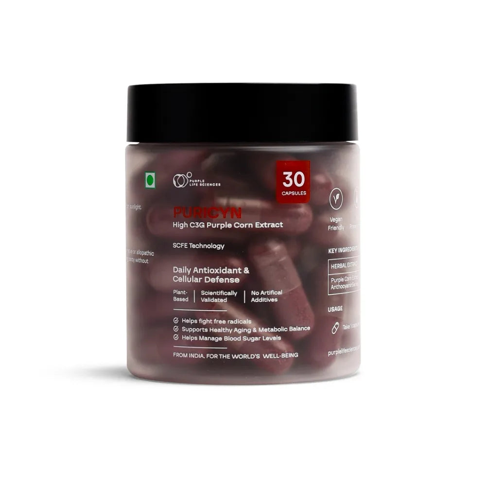 Jar of purple corn extract capsules with label on a white background