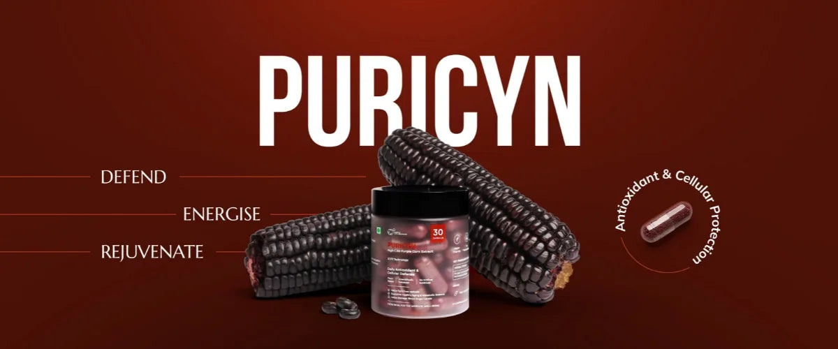 Puricyn supplement container with corn on a red background