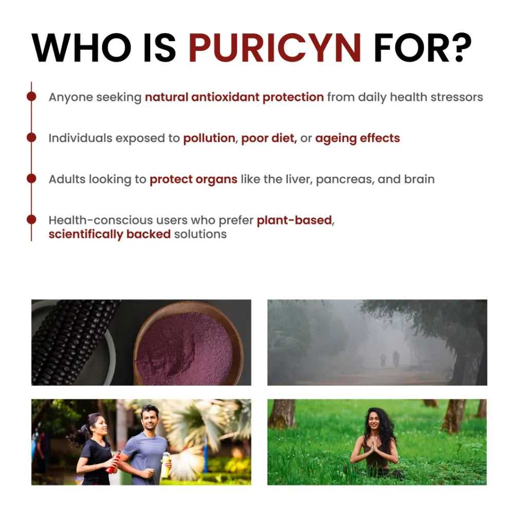 Promotional text about Puricyn's target audience with product images and lifestyle scenes.