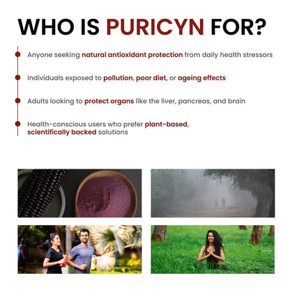 Promotional text about Puricyn's target audience with product images and lifestyle scenes.