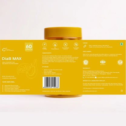 Yellow packaging of DiaB MAX with text and a barcode on a white background