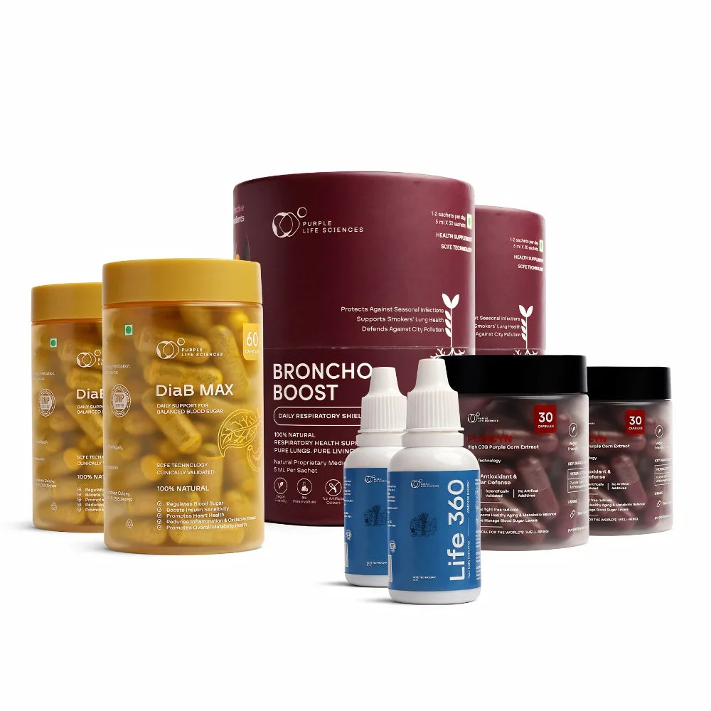 Assorted health supplement products including DiaB MAX, Broncho Boost, and Life 360 on a white background.