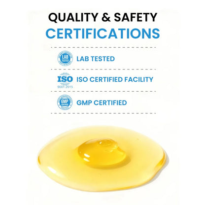 Quality and safety certifications with a drop of yellow liquid on a white background