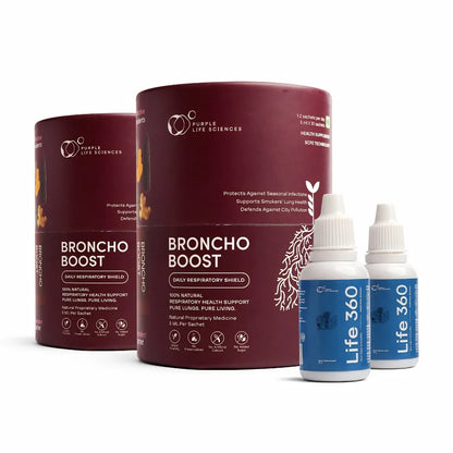 Broncho Boost and Life 360 products from Purple Life Sciences on a white background