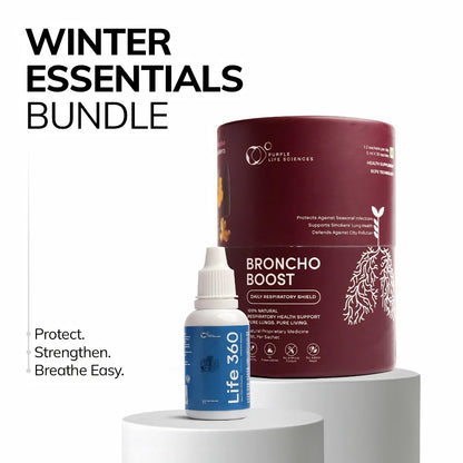 Winter Essentials Bundle with 'Broncho Boost' and 'Life 360' products on a white background.